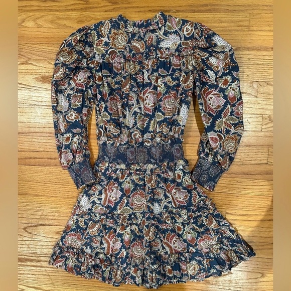 NWT Love the Label XS v-neck floral mini dress long sleeve blue, red retail $245 - Picture 3 of 8